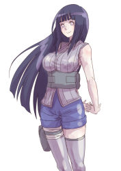 Rule 34 | 1girl, arms behind back, artist request, breasts, female focus, hime cut, hyuuga hinata, looking at viewer, naruto: the last, naruto (series), purple eyes, shorts, sleeveless, smile, solo, thighhighs