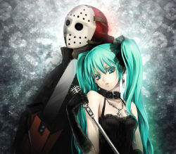 Rule 34 | 1boy, 1girl, aqua eyes, aqua hair, bad id, bad pixiv id, bare shoulders, chainsaw, collar, crossover, earrings, elbow gloves, gloves, hatsune miku, hockey mask, jason voorhees, jewelry, long hair, mask, md5 mismatch, microphone, microphone stand, necklace, twintails, vocaloid, yamano uzura