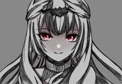 Rule 34 | 1girl, black choker, black hair, choker, closed mouth, dark persona, eyelashes, fire emblem, fire emblem engage, grey background, long hair, looking at viewer, moyashi2656, multicolored hair, nintendo, red eyes, slit pupils, smile, solo, two-tone hair, upper body, veyle (evil) (fire emblem), veyle (fire emblem), white hair, wing hair ornament