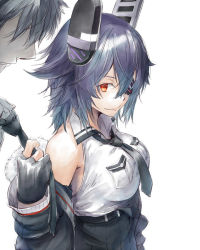 Rule 34 | 1boy, 1girl, black neckwear, breasts, commentary request, eyepatch, faceless, faceless male, fur-trimmed jacket, fur trim, headgear, hinoru saikusa, jacket, kantai collection, large breasts, loose necktie, messy hair, necktie, necktie grab, neckwear grab, off shoulder, painting (medium), purple hair, red eyes, remodel (kantai collection), shirt, short hair, sleeveless, sleeveless shirt, solo focus, tenryuu (kancolle), traditional media, watercolor (medium), white background