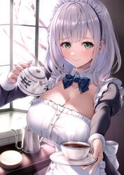 Rule 34 | 1girl, absurdres, apron, blush, braid, breasts, cleavage, closed mouth, cup, green eyes, grey hair, highres, holding, holding cup, hololive, huge breasts, kamishiro mai (capti-no), large breasts, lips, looking at viewer, maid, maid apron, maid headdress, medium hair, mole, mole on breast, shirogane noel, solo, tea, teacup, virtual youtuber
