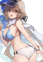 Rule 34 | 1girl, ass, bare arms, bare shoulders, bikini, black bow, blush, bow, breasts, brown eyes, brown hair, cleavage, cowboy shot, cup, drink, drinking glass, hair between eyes, hair bow, hair ornament, hairclip, highres, holding, holding cup, kantai collection, large breasts, long hair, low twintails, navel, open mouth, picoli1313, scarf, smile, solo, starbucks, swimsuit, tashkent (kancolle), twintails, twisted torso, white scarf