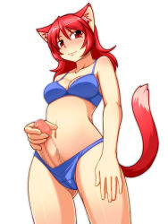 Rule 34 | 1girl, animal ears, blue bra, blue panties, bra, breasts, cameltoe, cat ears, cat tail, censored, cleavage, erection, futanari, highres, lingerie, long hair, navel, no testicles, nokoppa, original, outline, panties, penis, penis in panties, precum, red eyes, red hair, simple background, solo, tail, underwear, underwear only, white background