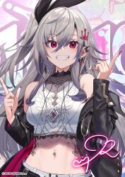 1girl black_jacket breasts closed_mouth earrings grey_hair highres hololive hololive_dev_is isaki_riona jacket jewelry long_hair navel_piercing necklace official_art piercing red_eyes shirabi shirt side_ponytail smile virtual_youtuber white_shirt