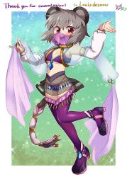Rule 34 | 1girl, \n/, alternate costume, animal ears, bikini, black footwear, blue shawl, blush, border, breasts, commentary request, commission, crystal, dancer, english text, full body, gold, grey hair, highres, looking at viewer, medium bangs, momomomo (user ueus7454), mouse ears, mouse girl, mouse tail, mouth veil, nazrin, open mouth, pearl anklet, purple bikini, purple thighhighs, red eyes, round teeth, see-through, see-through shawl, shawl, shoes, short hair, small breasts, smile, solo, sparkle, swimsuit, tail, tail ornament, teeth, thank you, thighhighs, touhou, underboob, veil, white border