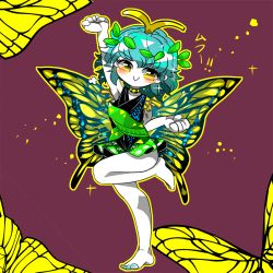 Rule 34 | 1girl, :&gt;, antennae, aqua hair, arm up, barefoot, blush, butterfly wings, closed mouth, dress, eternity larva, fairy, full body, green dress, hair between eyes, insect wings, leaf, leaf on head, multicolored clothes, multicolored dress, purple background, short hair, short sleeves, single strap, smile, solo, touhou, v-shaped eyebrows, wings, yellow eyes, yt (wai-tei)
