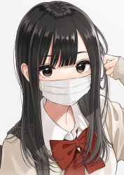 Rule 34 | 1girl, absurdres, backpack, bag, black hair, bow, brown eyes, brown sweater, collared shirt, commentary request, grey background, hand up, highres, kentaurosu, long hair, looking at viewer, mask, mouth mask, original, red bow, school uniform, shirt, simple background, solo, surgical mask, sweater, upper body, white shirt