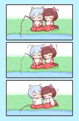 Rule 34 | 2girls, 3koma, = =, animal ears, blue hair, bow, brown hair, comic, commentary request, ear bow, ear covers, fishing, fishing rod, gomashio (goma feet), grass, gym shirt, highres, holding, holding fishing rod, horse ears, horse girl, horse tail, jacket, light blue hair, long sleeves, motion lines, multiple girls, nishino flower (umamusume), notice lines, on ground, pants, pool, red jacket, red pants, red track suit, seiun sky (umamusume), shirt, short hair, short sleeves, silent comic, single ear cover, sitting, sleeping, tail, umamusume, white shirt