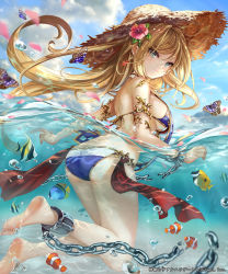 Rule 34 | 1girl, ass, bare shoulders, bikini, blonde hair, blue eyes, breasts, bug, butterfly, chain, earrings, flat chest, highres, bug, jewelry, long hair, looking at viewer, official art, partially submerged, pisuke, shingoku no valhalla gate, sideboob, solo, swimsuit