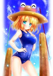 Rule 34 | 1girl, ^ ^, aqua eyes, armpits, backlighting, blonde hair, blue one-piece swimsuit, blush, breasts, closed eyes, cloud, contrapposto, covered navel, cowboy shot, day, eyebrows, fingernails, from side, glowing, hair ribbon, hand on own hip, hand on own chest, happy, hat, highres, large breasts, legs apart, light smile, long fingernails, looking at viewer, moriya suwako, old school swimsuit, one-piece swimsuit, osashin (osada), outdoors, parted bangs, petals, pillar, pink ribbon, ribbon, school swimsuit, shiny skin, sky, smile, solo, standing, swimsuit, taut clothes, taut swimsuit, thighs, touhou, tress ribbon
