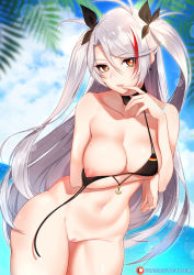 Rule 34 | 1girl, alternate costume, arm support, arm under breasts, arm up, azur lane, bikini, bikini tug, black bikini, black choker, blurry, blurry background, blush, bottomless, breasts, brown eyes, choker, cleavage, cleft of venus, collarbone, cowboy shot, cross, cross earrings, curvy, day, earrings, eyes visible through hair, finger to mouth, flag print, german flag bikini, groin, hair between eyes, head tilt, jewelry, large breasts, leaning forward, light particles, long hair, looking at viewer, mole, mole on breast, multicolored hair, navel, nipples, ocean, outdoors, palm leaf, patreon username, prinz eugen (azur lane), prinz eugen (unfading smile) (azur lane), pussy, red hair, silver hair, skindentation, solo, sparkle, stomach, streaked hair, swimsuit, thighs, tofuubear, two side up, uncensored, untied bikini, very long hair