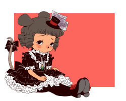 Rule 34 | 1girl, alternate costume, alternate hairstyle, animal ears, black dress, black eyes, black pantyhose, blush, bow, dress, drill hair, female focus, gem, gothic lolita, grey hair, hat, jewelry, lolita fashion, looking at viewer, mini hat, mini top hat, mouse ears, mouse tail, nazrin, necklace, onikobe rin, pantyhose, pendant, petticoat, red background, short hair, simple background, sitting, solo, tail, tail bow, tail ornament, top hat, touhou