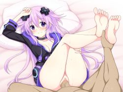 Rule 34 | 1boy, 1girl, adult neptune, barefoot, black jacket, blush, breasts, censored, choker, clothed female nude male, clothed sex, collarbone, commentary request, d-pad, d-pad hair ornament, hair ornament, hetero, highres, hood, hooded jacket, hooded track jacket, jacket, long hair, medium breasts, missionary, mosaic censoring, neptune (series), nude, on bed, penis, pillow, purple eyes, purple hair, sex, shin jigen game neptune vii, smile, soles, sweat, thighs, track jacket, usb, yaomai
