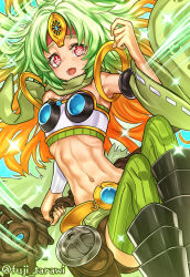 Rule 34 | 1girl, abs, arm warmers, armor, armored boots, armpits, bad id, bad pixiv id, bare shoulders, blue background, boots, breastplate, commentary, daigusto sphreez, detached sleeves, duel monster, flat chest, fuji tarawi, gradient hair, green hair, green scarf, green skirt, green sleeves, green thighhighs, green tube top, groin, headband, highres, holding, holding staff, long hair, looking at viewer, lower teeth only, midriff, miniskirt, multicolored hair, navel, open mouth, orange hair, parted bangs, pouch, red eyes, red headband, ribbed legwear, scarf, sidelocks, single arm warmer, single detached sleeve, skirt, solo, sparkle, staff, strapless, symbol-shaped pupils, teeth, thighhighs, tube top, twitter username, very long hair, yu-gi-oh!, zettai ryouiki