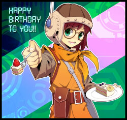 Rule 34 | 1girl, bag, belt, belt pouch, cake, chrono trigger, food, fork, glasses, handbag, happy birthday, helmet, holding, holding fork, holding plate, incoming food, long sleeves, looking at viewer, lucca ashtear, open mouth, plate, pouch, purple hair, sakuyamochi, scarf, short hair, simple background, smile, solo, strawberry shortcake