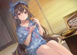 Rule 34 | 1girl, :3, absurdres, bag of cookies, bed sheet, blue hairband, blue pajamas, blush, bowl, brown eyes, brown hair, closed mouth, collarbone, commentary request, cookie, crossed bangs, curtains, eating, feet out of frame, food, frilled hairband, frilled pajamas, frilled shorts, frilled sleeves, frills, hair between eyes, hair intakes, hair ornament, hair over shoulder, hairband, head tilt, highres, holding, holding cookie, holding food, indoors, legs together, long hair, looking at viewer, momoko (momopoco), neck ribbon, night, nightstand, on bed, pajamas, pink ribbon, polka dot, polka dot pajamas, ribbon, ribbon-trimmed hairband, short shorts, short sleeves, shorts, sidelocks, smile, smug, solo, suou yuki, tokidoki bosotto roshia-go de dereru tonari no arya-san, very long hair, wavy hair, window, wooden wall