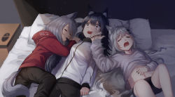 Rule 34 | 3girls, ahoge, animal ear fluff, animal ears, arknights, bed, black hair, black nails, black pants, brown eyes, closed eyes, commentary, constricted pupils, feet out of frame, grey shirt, hair between eyes, hair ornament, hairclip, highres, hood, hooded jacket, indoors, jacket, lappland (arknights), long sleeves, lying, midriff, multiple girls, nail polish, navel, on back, on side, pants, pillow, projekt red (arknights), red jacket, shirt, short hair, silver hair, sleeping, smile, stomach, symbol-only commentary, tail, tears, texas (arknights), turtleneck, turtleneck jacket, white jacket, wolf ears, wolf tail, yatsucchie