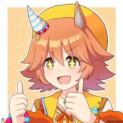 Rule 34 | + +, 1girl, :d, absurdres, animal ears, blush, brown background, brown eyes, brown hair, commentary request, double thumbs up, goom (goomyparty), green ribbon, hands up, highres, horse ears, looking at viewer, matikanefukukitaru (good omen first storm) (umamusume), matikanefukukitaru (umamusume), open mouth, outline, ribbon, shirt, smile, solo, thumbs up, twitter username, two-tone background, umamusume, upper body, v-shaped eyebrows, white background, white outline, yellow headwear, yellow shirt