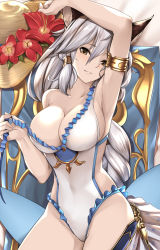 Rule 34 | 1girl, animal ears, arm up, armlet, armpits, bare shoulders, blush, braid, breasts, brown eyes, cleavage, collarbone, covered navel, dakimakura (medium), erune, flower, granblue fantasy, hair between eyes, hair tubes, hat, heles, heles (summer) (granblue fantasy), hip focus, large breasts, long hair, one-piece swimsuit, sidelocks, silver hair, single braid, smile, solo, strap pull, straw hat, swimsuit, thighs, tony guisado, white one-piece swimsuit