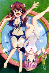 Rule 34 | 2girls, absurdres, bare legs, bikini, black bikini, blue bikini, breasts, brown eyes, chiyoda momo, cleavage, collarbone, competition swimsuit, covering navel, day, demon girl, demon horns, demon tail, from above, grass, hair between eyes, hair ornament, hair scrunchie, highres, holding, holding water gun, horns, hose, long hair, looking at viewer, lying, machikado mazoku, megami magazine, mismatched bikini, multiple girls, navel, official art, on back, one-piece swimsuit, outdoors, outstretched arm, parted lips, partially submerged, red hair, satou takamitsu, scan, scrunchie, smile, stomach, swimsuit, tail, wading pool, water gun, wet, white one-piece swimsuit, wrist scrunchie, yoshida yuuko (machikado mazoku)