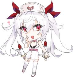 Rule 34 | 1girl, :d, azur lane, bandaged arm, bandages, bare shoulders, bikini, bikini top only, black bikini, chibi, choker, commentary request, dress, full body, garter straps, hair between eyes, hand up, hat, heart, index finger raised, long hair, looking at viewer, mkbt, nurse cap, open mouth, pink choker, red eyes, red ribbon, ribbon, shoes, silver hair, simple background, sleeveless, sleeveless dress, smile, solo, standing, swimsuit, thighhighs, transparent background, twintails, uwabaki, vampire (azur lane), vampire (little devil in white) (azur lane), very long hair, white background, white dress, white footwear, white hat, white thighhighs