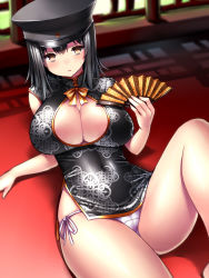 Rule 34 | 10s, 1girl, akitsu maru (kancolle), arm support, black eyes, black hair, blush, breasts, china dress, chinese clothes, cleavage cutout, clothing cutout, dress, hand fan, hat, highres, kantai collection, large breasts, lying, on back, open mouth, panties, pantyshot, peaked cap, short hair, side-tie panties, solo, tsukumiya amane, underwear