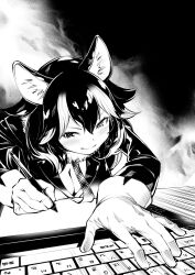 Rule 34 | 1girl, animal ears, bent over, breast rest, breasts, cleavage, closed mouth, drawing tablet, fang, fang out, foreshortening, fukushima masayasu, fur collar, gloves, grey wolf (kemono friends), greyscale, hair between eyes, highres, holding, holding stylus, jacket, kemono friends, keyboard (computer), long hair, long sleeves, looking at object, looking down, medium breasts, monochrome, necktie, parted bangs, serious, solo, stylus, v-shaped eyebrows, wolf ears