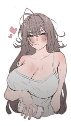 Rule 34 | 1girl, absurdres, bare shoulders, black eyes, blush, breast lift, breasts, brown hair, cleavage, collarbone, cup, hair in own mouth, heart, highres, holding, holding cup, kkachi (limkkachi), large breasts, long hair, looking at viewer, original, solo, tank top, white tank top