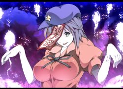 Rule 34 | 1girl, bad id, bad pixiv id, blue hair, breasts, female focus, gradient background, green eyes, hat, jiangshi, large breasts, miyako yoshika, ofuda, outstretched arms, pale skin, sho-1, short hair, solo, star (symbol), touhou, zombie pose