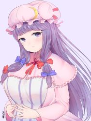 Rule 34 | 1girl, blush, breasts, capelet, commentary request, crescent, crescent hat ornament, dress, fingers together, hair ribbon, hat, hat ornament, large breasts, long hair, long sleeves, looking at viewer, mob cap, patchouli knowledge, pink hat, purple background, purple eyes, purple hair, revision, ribbon, simple background, smile, solo, striped clothes, striped dress, touhou, tress ribbon, upper body, ushinomiya, wide sleeves