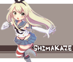Rule 34 | 10s, 1girl, blonde hair, blue skirt, blush, brown background, brown eyes, character name, elbow gloves, gloves, hairband, kantai collection, long hair, open mouth, shimakaze (kancolle), skirt, solo, striped clothes, striped thighhighs, thighhighs, tproject09, white gloves