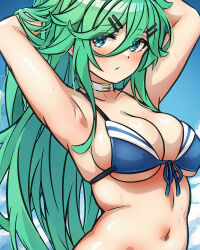 1girl armpits arms_behind_head arthur_ko beach bikini black_ribbon blue_bikini blush breasts close-up closed_mouth cosplay curly_hair day expressionless front-tie_bikini_top front-tie_top green_eyes green_hair hair_between_eyes hair_ornament hair_ribbon hairclip highres hip_focus kantai_collection long_hair looking_at_viewer medium_breasts navel ocean outdoors ponytail ribbon shigure_(kancolle) shigure_kai_san_(kancolle) shigure_kai_san_(kancolle)_(cosplay) shigure_kai_san_(swimsuit)_(kancolle) side-tie_bikini_bottom skindentation solo swimsuit thigh_strap thighs tying_hair upper_body very_long_hair yamakaze_(kancolle)