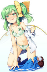 Rule 34 | 1girl, :d, bare arms, blue skirt, blush, bow, bow panties, bra, breasts, brown footwear, chima q, collarbone, commentary, daiyousei, fairy wings, full body, green bra, green eyes, green panties, hair bow, highres, kneeling, long hair, looking at viewer, navel, nose blush, off shoulder, open mouth, panties, shirt, shoes, side ponytail, simple background, single bare arm, skirt, small breasts, smile, socks, solo, standing, standing on one leg, stomach, sweat, touhou, underwear, undressing, white background, white shirt, white socks, wings, yellow bow