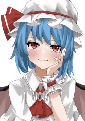 Rule 34 | 1girl, ascot, bat wings, black wings, blue hair, blush, brooch, closed mouth, commentary request, fang, hand on own face, hat, hat ribbon, highres, jewelry, mob cap, puffy short sleeves, puffy sleeves, ramiki, red ascot, red eyes, red ribbon, remilia scarlet, ribbon, shirt, short hair, short sleeves, simple background, smile, touhou, upper body, vampire, white background, white hat, white shirt, wings, wrist cuffs