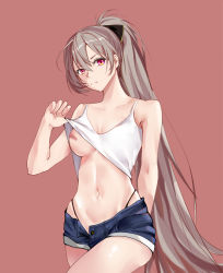 Rule 34 | 1girl, absurdres, amian-a, areola slip, azur lane, bandaid, bandaids on nipples, bare shoulders, black panties, black ribbon, breasts, cleavage, clothes lift, collarbone, commentary request, denim, denim shorts, frown, grey hair, hair between eyes, hair ribbon, highleg, highleg panties, highres, jean bart (azur lane), lifted by self, long hair, looking at viewer, medium breasts, midriff, navel, open fly, panties, pasties, ponytail, red eyes, ribbon, shirt lift, short shorts, shorts, sidelocks, simple background, sleeveless, solo, tank top, thighs, thong, underboob, underwear, very long hair