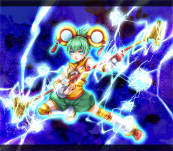 Rule 34 | 10s, 1girl, blue eyes, chinese clothes, detached sleeves, dragon kid, electricity, glowing, glowing eyes, green hair, hat, shiratama (mofutto), short hair, short ponytail, shorts, solo, staff, superhero costume, thighhighs, tiger &amp; bunny