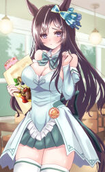 Rule 34 | 1girl, alternate costume, animal ears, black hair, blurry, blurry background, blush, breasts, cleavage, closed mouth, collarbone, commentary request, detached sleeves, hair between eyes, hair ornament, hairclip, highres, holding, horse ears, horse girl, horse tail, looking at viewer, medium breasts, mejiro dober (umamusume), purple eyes, remoruto, restaurant, ribbon, tail, thighhighs, umamusume