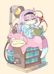 Rule 34 | 1girl, :o, absurdres, ahoge, baron (x5qgeh), black hairband, blouse, blue shirt, blush stickers, book, book stack, bookshelf, buttons, cable, chibi, commentary, creatures (company), frilled shirt collar, frilled skirt, frilled sleeves, frills, full body, game freak, gen 1 pokemon, grey eyes, hair between eyes, hair ornament, hairband, heart, heart button, heart hair ornament, highres, holding, holding book, komeiji satori, lamp, long sleeves, nintendo, open book, open mouth, pink eyes, pink footwear, pink hair, pink skirt, plug, pokemon, reading, shirt, short hair, skirt, slippers, slowpoke, solo, third eye, touhou, wide sleeves, yellow background