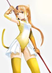 Rule 34 | 1girl, :o, absurdres, breasts, brown hair, commentary, elbow gloves, from below, gloves, golden snub-nosed monkey (kemono friends), gradient background, gradient gloves, grey background, highleg, highleg leotard, highres, holding, holding staff, kemono friends, leotard, long hair, looking at viewer, looking down, monkey tail, multicolored hair, open mouth, orange gloves, ponytail, purple hair, small breasts, solo, staff, tail, thighhighs, wasabi60, yellow leotard, yellow tail, yellow thighhighs