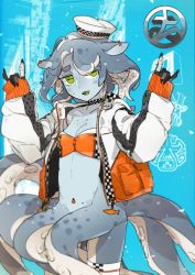 Rule 34 | 1girl, :d, animal ears, black nails, blue background, blue hair, blue skin, blush, breasts, cephalopod eyes, checkered choker, choker, cleavage, colored skin, colored tongue, cowboy shot, earrings, fingernails, green eyes, green tongue, hands up, hat, head tilt, highres, horizontal pupils, idkuroi, jacket, jewelry, long sleeves, looking at viewer, m/, medium hair, monster girl, nail polish, open clothes, open jacket, open mouth, original, sailor hat, scylla, sharp fingernails, sharp teeth, shell, sleeves past wrists, small breasts, smile, solo, standing, strapless, suction cups, sweat, teeth, tentacle hair, thick eyebrows, thighhighs, tube top, white hat, white jacket