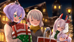 Rule 34 | 4girls, :d, ame., animal ears, ayanami (azur lane), azur lane, bag, black ribbon, blush, bow, box, brown coat, brown hair, building, christmas, christmas lights, christmas tree, closed eyes, closed mouth, coat, commentary request, gift, gift box, green eyes, green scarf, hair between eyes, hair bow, hair ribbon, headgear, high ponytail, holding, holding bag, holding gift, jacket, javelin (azur lane), laffey (azur lane), mittens, multiple girls, night, night sky, open mouth, outdoors, paper bag, parted lips, plaid, plaid scarf, ponytail, purple hair, rabbit ears, red bow, red eyes, red mittens, red scarf, ribbon, scarf, shopping bag, sidelocks, silver hair, sky, smile, twintails, white jacket, window, yellow scarf, z23 (azur lane)