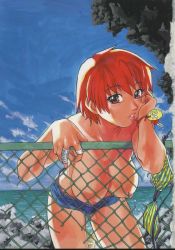 Rule 34 | 1girl, breasts, chain-link fence, daijoubu, fence, hanging breasts, highres, jpeg artifacts, large breasts, lips, nipples, red hair, shiwasu no okina, short hair, short shorts, shorts, solo, topless