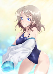 Rule 34 | 10s, 1girl, blue eyes, competition swimsuit, grey hair, highres, lolita majin, looking at viewer, love live!, love live! sunshine!!, one-piece swimsuit, parted lips, short hair, solo, standing, swimsuit, undressing, watanabe you