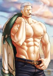 Rule 34 | 1boy, abs, artist logo, bara, beach, blurry, blurry background, cigar, cloud, cloudy sky, facial hair, jacket, jacket on shoulders, kokorozashi, large pectorals, leather, leather belt, looking to the side, male focus, manly, mature male, messy hair, muscular, muscular male, navel, nipples, obliques, ocean, one piece, pants, pectorals, scar, scar on face, sky, smoke, smoker (one piece), smoking, solo, sunset, sweat, sweatdrop, symbol-only commentary, teeth, thick arms, topless male, undercut, veins, veiny arms, white hair, yellow eyes