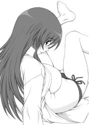 Rule 34 | 1girl, blush, breasts, dream c club, dream c club (series), female focus, greyscale, large breasts, lipstick, long hair, makeup, monochrome, nipples, open clothes, open shirt, panties, rui (dream c club), shichimenchou, shirt, side-tie panties, simple background, solo, underwear