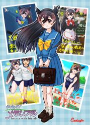 Rule 34 | 1boy, 1girl, absurdres, alternate costume, animal ears, apron, black hair, blue buruma, blue one-piece swimsuit, blue sailor collar, blush, bow, breasts, brown eyes, brown hair, buruma, captain (kemono friends), covered navel, enmaided, frilled apron, frills, gym shirt, gym uniform, highres, kemono friends, kemono friends 3, large breasts, long hair, long sleeves, looking at viewer, maid, maid apron, maid headdress, mountain tapir (kemono friends), multicolored hair, name tag, neckerchief, old school swimsuit, one-piece swimsuit, open mouth, photo (object), pleated skirt, redrufu2000, sailor collar, school swimsuit, school uniform, serafuku, shirt, short hair, skirt, smile, swimsuit, tapir ears, tapir girl, three-legged race, waist apron, white apron, white hair, white shirt