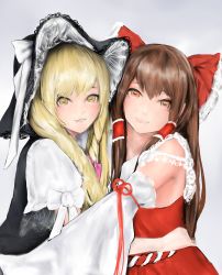 Rule 34 | 2girls, absurdres, bare shoulders, black vest, blonde hair, blush, bow, brown hair, commentary request, detached sleeves, eyebrows hidden by hair, from side, gradient background, grey background, grin, hair between eyes, hair bow, hair ribbon, hair tubes, hakurei reimu, hand on another&#039;s hip, hat, head tilt, highres, homeless (tmvj4758), hug, kirisame marisa, long hair, long sleeves, looking at viewer, multiple girls, open mouth, orange eyes, pink bow, puffy short sleeves, puffy sleeves, red bow, red skirt, red vest, ribbon, rope, shimenawa, short sleeves, simple background, skirt, smile, touhou, tress ribbon, upper body, very long hair, vest, white bow, wide sleeves, witch hat, yellow eyes, yuri