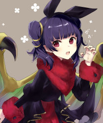 Rule 34 | 1girl, animal ears, black dress, black hairband, claw pose, dragon girl, dragon wings, dress, fake animal ears, fang, female focus, fire emblem, fire emblem: the sacred stones, fire emblem heroes, fur-trimmed sleeves, fur trim, green wings, grey background, hairband, hand up, haru (nakajou-28), highres, long sleeves, looking at viewer, myrrh (fire emblem), nintendo, official alternate costume, open mouth, puffy long sleeves, puffy sleeves, purple hair, rabbit ears, red eyes, simple background, solo, twintails, wings
