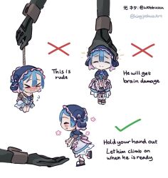Rule 34 | &gt; &lt;, 1boy, 1girl, arms behind back, bdsm, black gloves, blue capelet, blue hair, blush, bondage, bound, capelet, checkmark, chibi, collared capelet, disembodied limb, english text, gloves, highres, how to hold x (meme), kingjoshua, looking at viewer, made in abyss, maid, maid headdress, male focus, maruruk, meme, mini person, miniboy, nose blush, ozen, puffy short sleeves, puffy sleeves, restrained, rope, short hair, short sleeves, tears, trap, whistle, whistle around neck, x