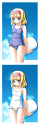 Rule 34 | 1girl, alice margatroid, blonde hair, blue eyes, day, female focus, gradient background, hairband, highres, long image, one-piece swimsuit, school swimsuit, short hair, sky, solo, swimsuit, takatsukasa yue, tall image, touhou, variations, white one-piece swimsuit, white school swimsuit